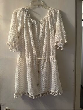 blue island Cream Crochet Tassel Mini Dress